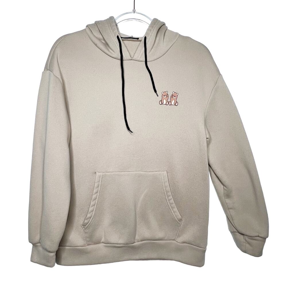 SHEIN Womens Bear Print Kangaroo Pocket Drawstring Hoodie Pullover Beige Size S